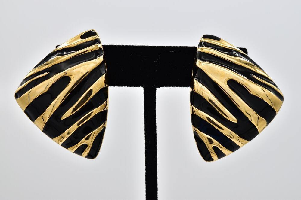 Vintage Black Enamel Gold Zebra Stripe Statement Clip On Earrings 1980s BinAZ